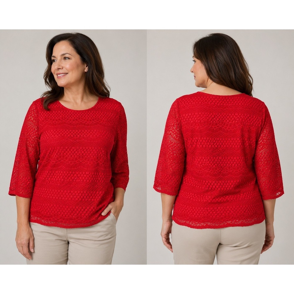 C.D. Daniels Women's 3X Red Lace Crochet Overlay Top 3/4 Sleeve Plus Size Lined